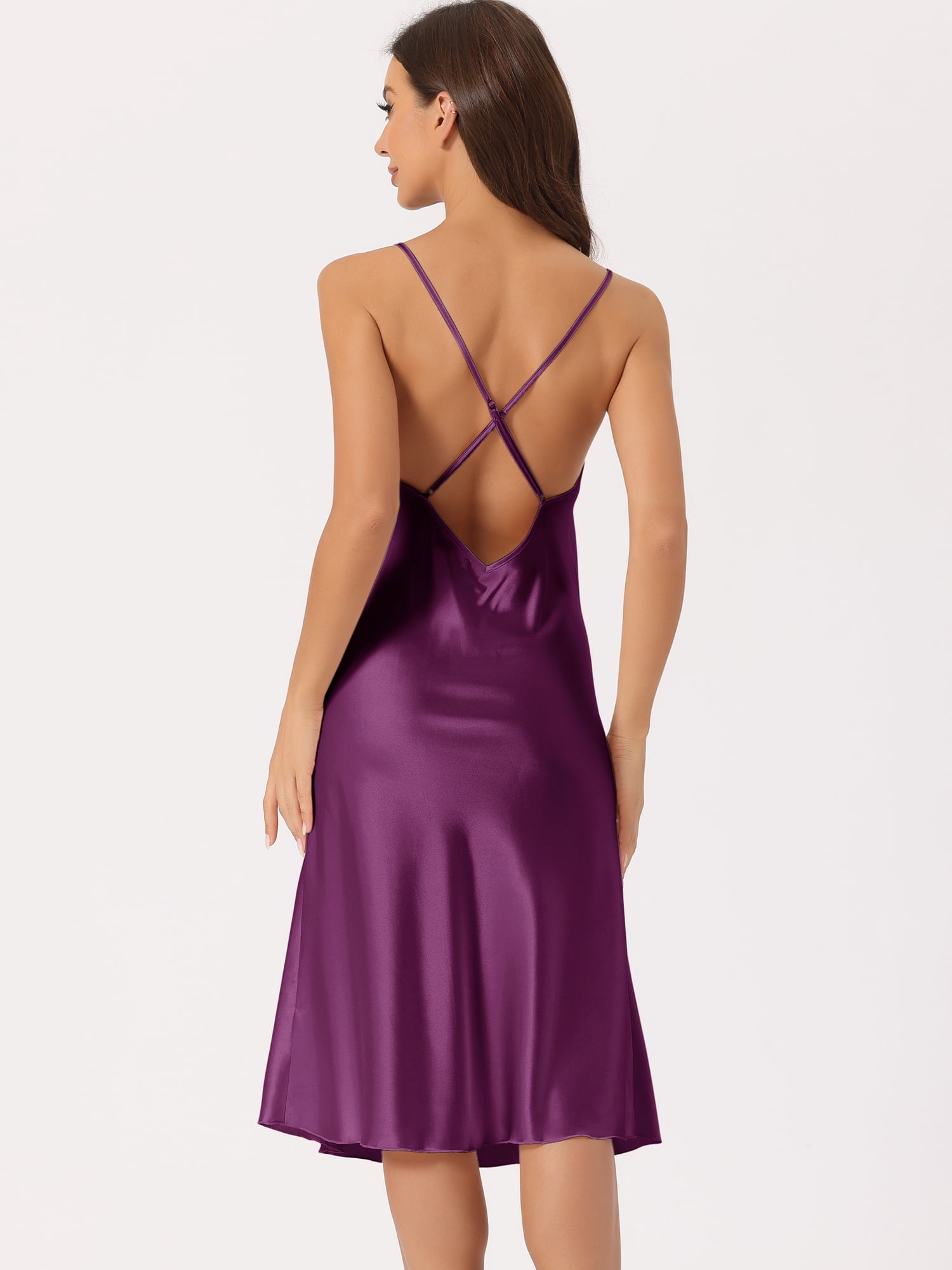 DARING DIVA Women's Satin Sleeveless Backless Slit Silky Midi Nightgown XS Purple