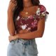 thumbnail image 2 of Blusa de manga corta con estampado de manga acampanada y hombros descubiertos para mujer Pompotops  hkajfhjk473992, 2 of 7