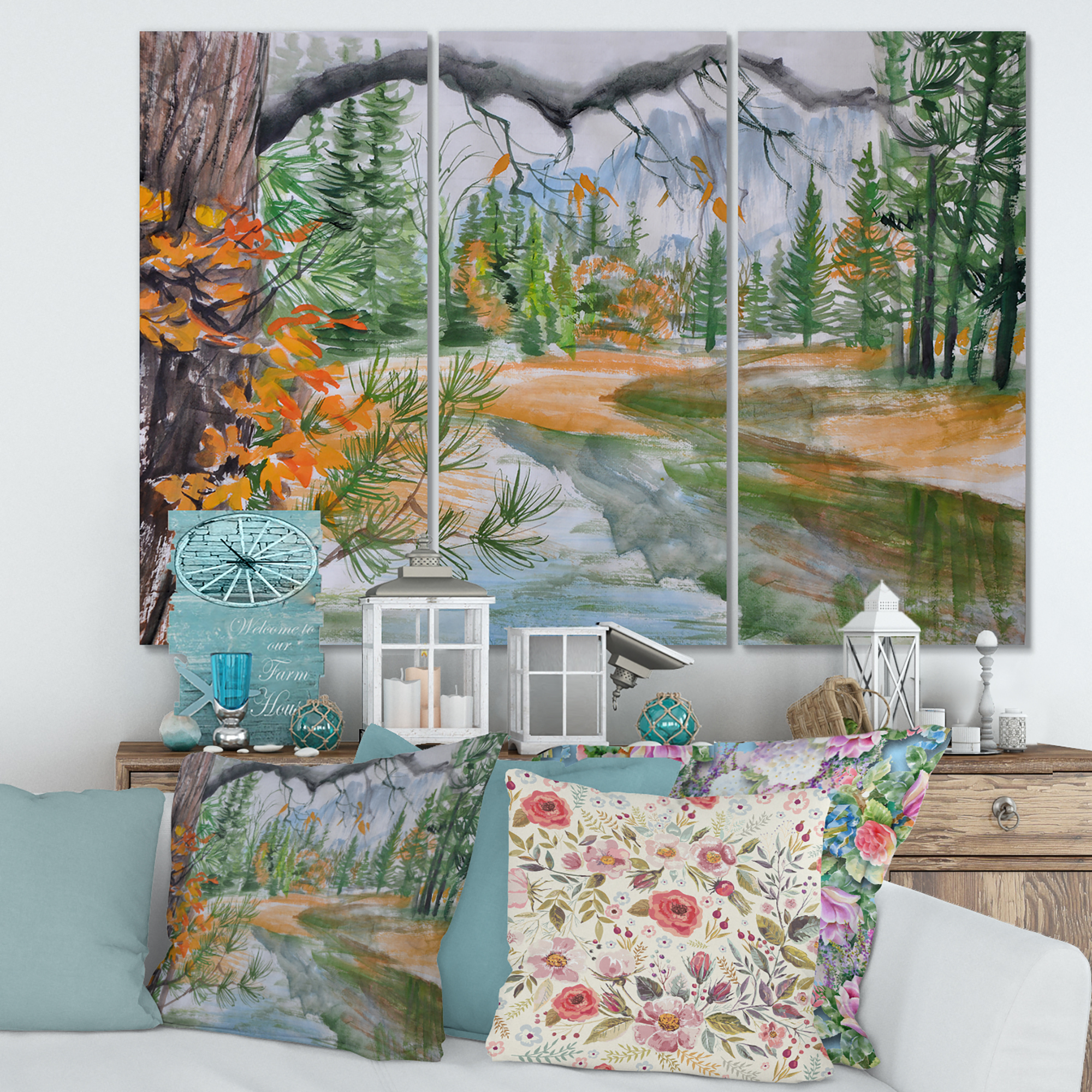 Trees With River In Autumn Forest 28 in x 36 in Painting Canvas Art Print, by Designart