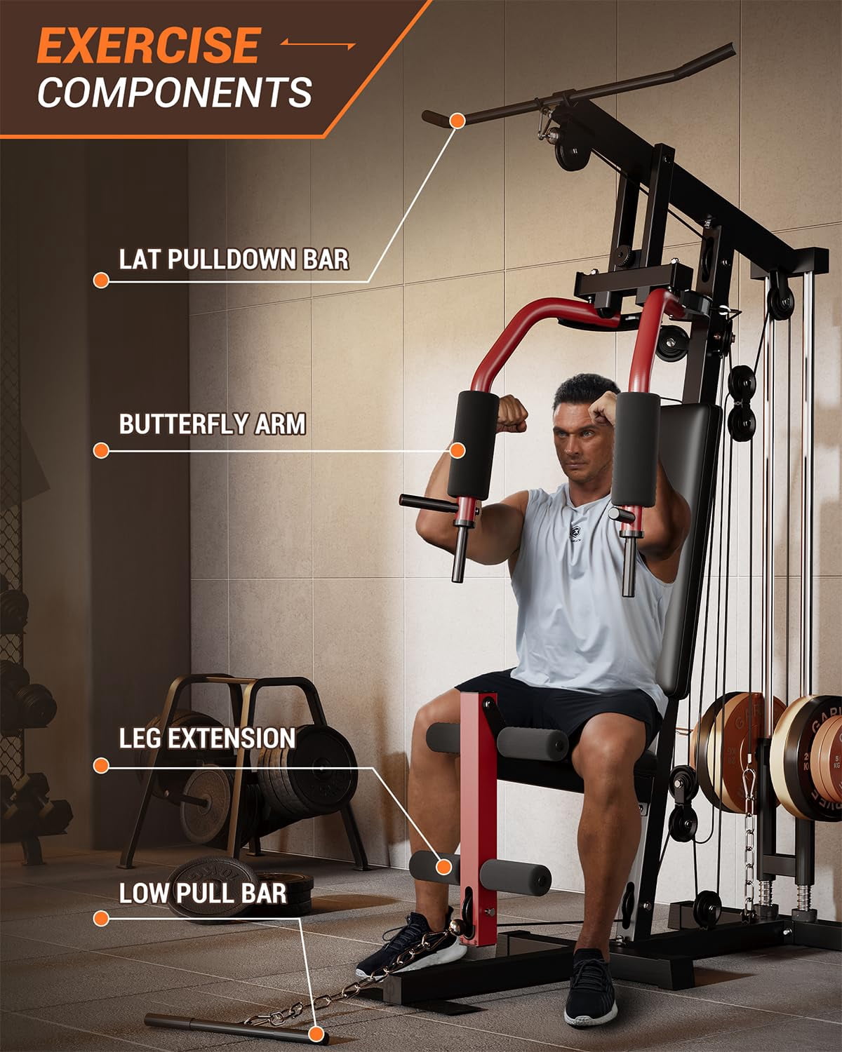 BouPower Home Gym Equipment, Multifunctional Home Gym Machine with Pulley System, Full Body Workout Exercise Equipment for Strength Training, Fits 1" & 2" Hole Diameters of Weight Plates (No Include)