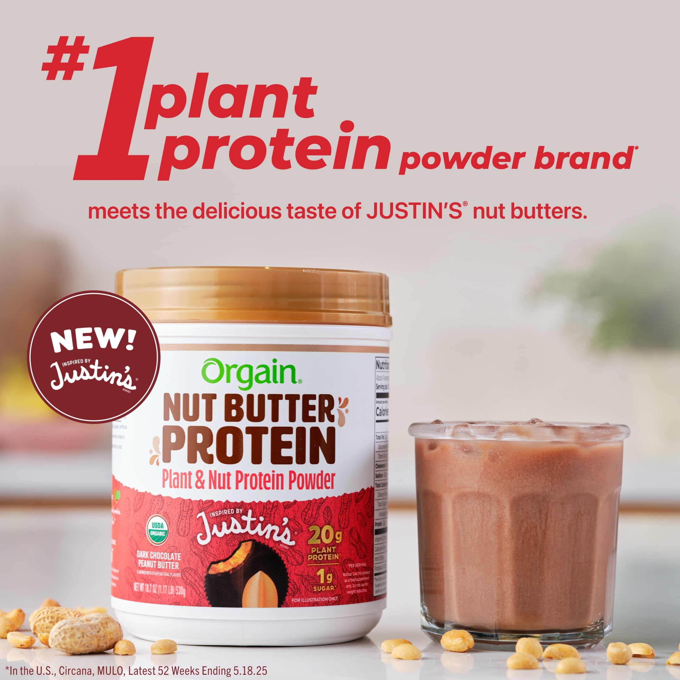Orgain X JUSTIN’S® Organic Plant & Nut Butter 20g Vegan Protein Powder, Dark Chocolate Peanut Butter 13.28oz