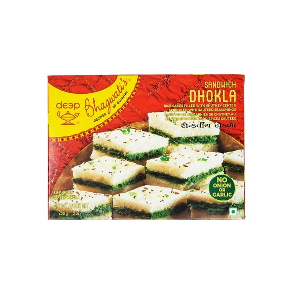 SANDWICH DHOKLA, Rice cakes filled with chutney center.Ingredients: water, rice, lentils, corn oil, coriander peppers, peas, salt, spices, sugar, sesame seeds, curry leaves, citric acid, baking soda.