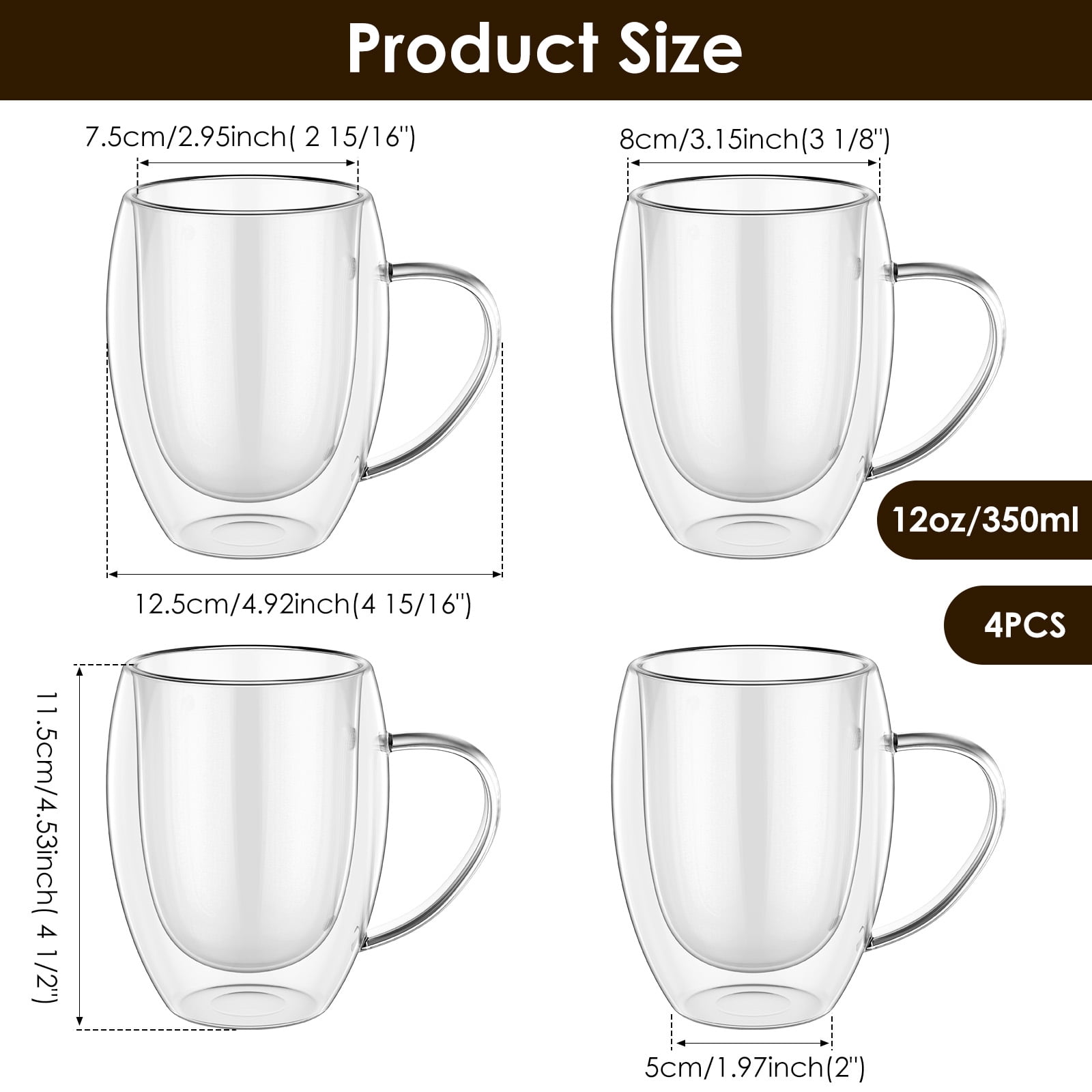 FUYGRCJ 4 Pack Glass Coffee Mug, 12oz Clear Glass Coffee Cup with Handle Set of 4, 350ml Double Wall Insulated Mug Tea Latte Espresso Cups for Latte Cappuccino Juice Tea Milk