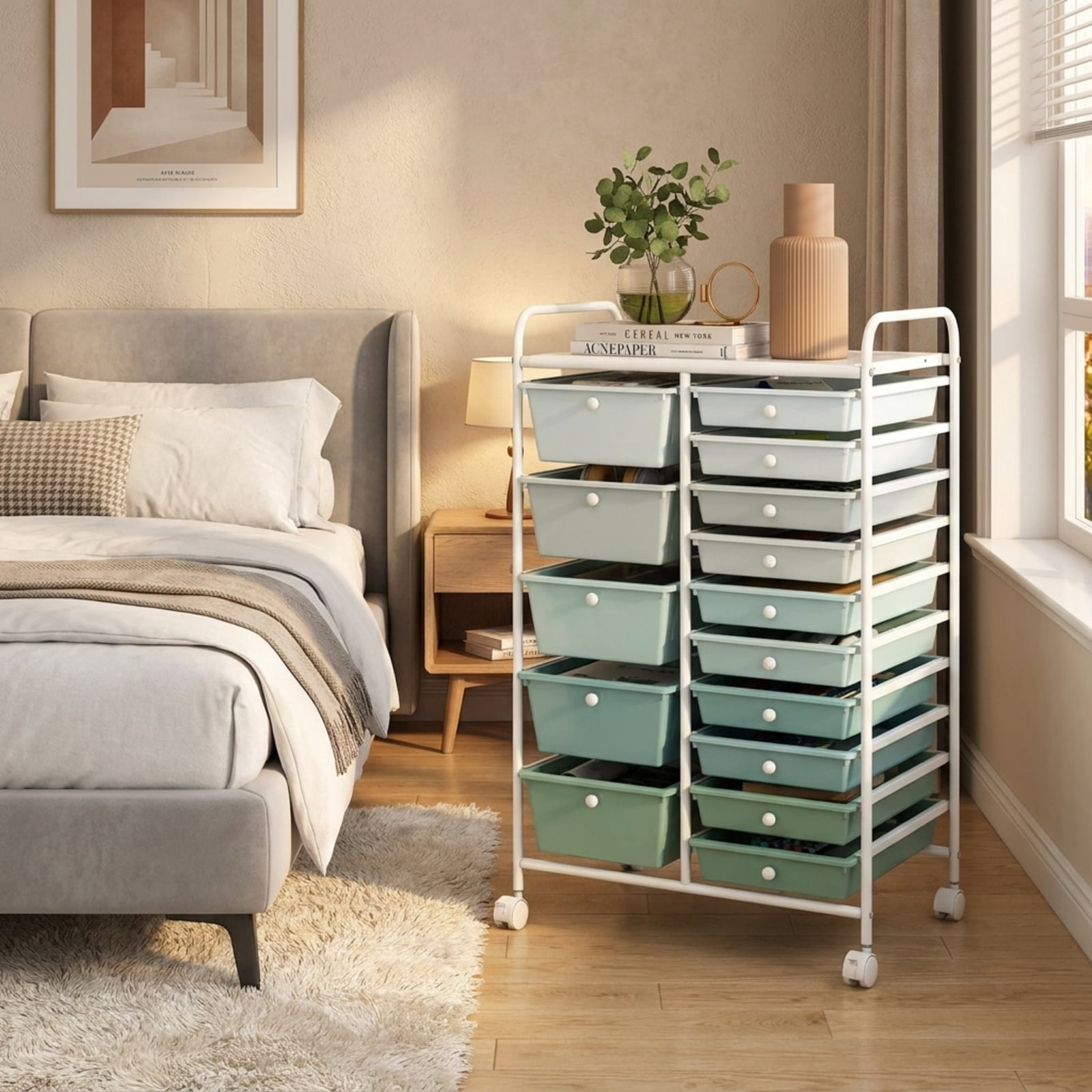 Furnibear 15-Drawer Utility Rolling Cart with Drawers Multi-Use Storage Organizer for Home Office Craft Room Classroom, Lime Green