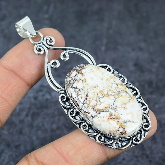 Adidev 30 Carat Natural Wild Horse Jasper Gemstone Oval Shape Beige Color 925 Sterling Silver Pendant for Women