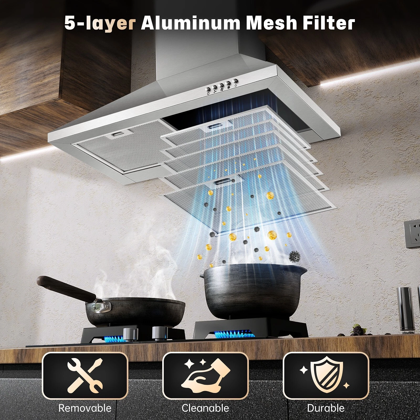 Range Hood 24 inch Wall Mounted Range Hood in Stainless Steel Convertible Stove Vent Hood 3 Speed Exhaust Fan,LED Light,Button Control
