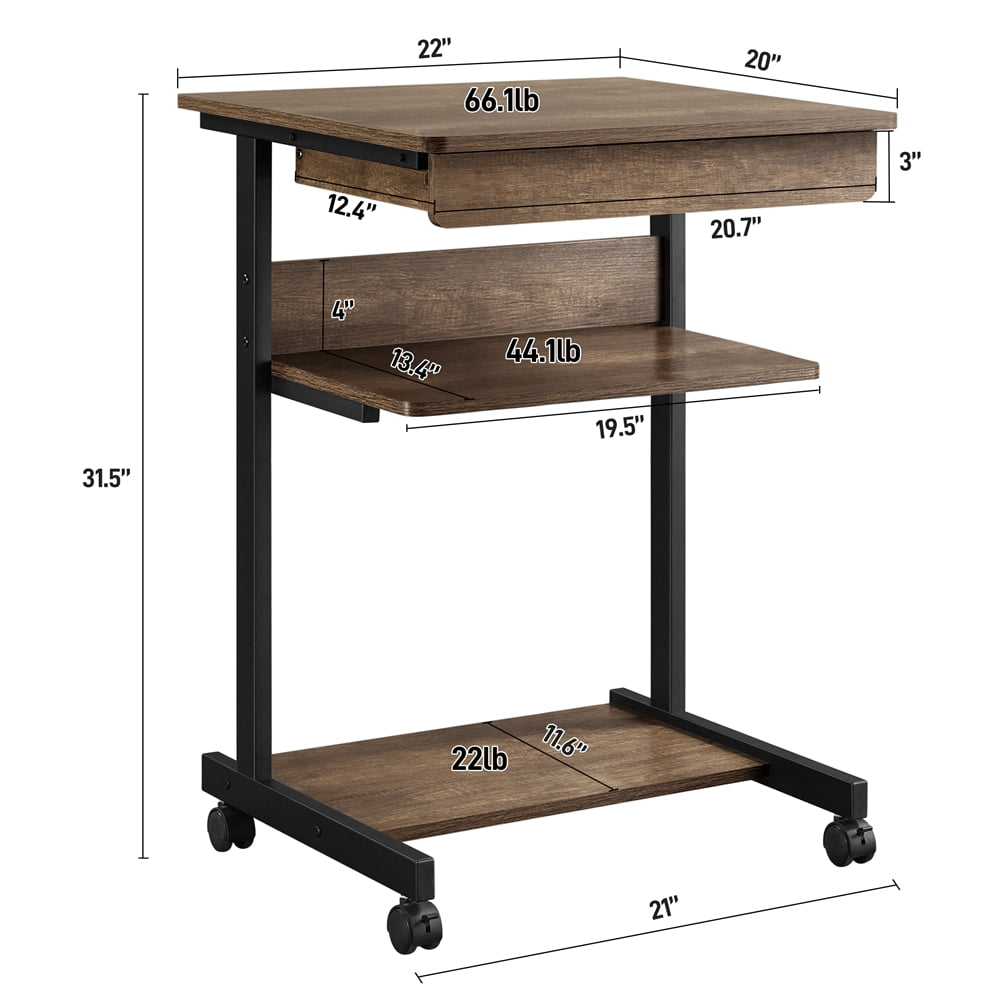 Alden Design Collection Rolling Computer Desk with 2 Storage Shelves and Drawer, Taupe