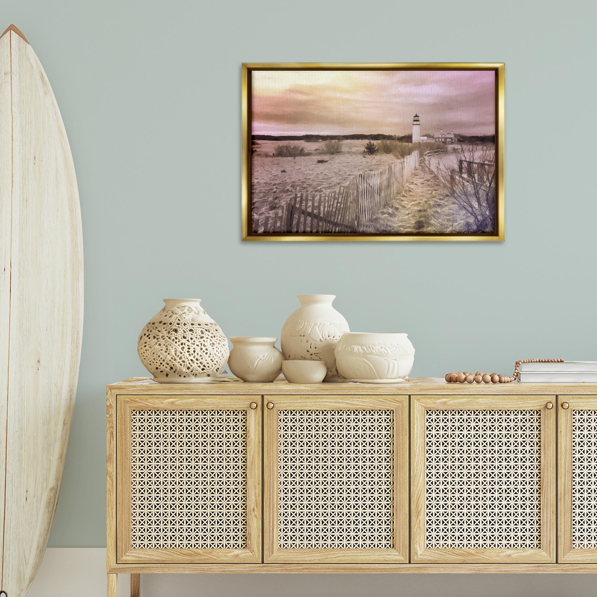Stupell Industries Path To Lighthouse View Nautical & Beach Painting Gold Floater Framed Canvas Art Print Wall Art, 31 x 21