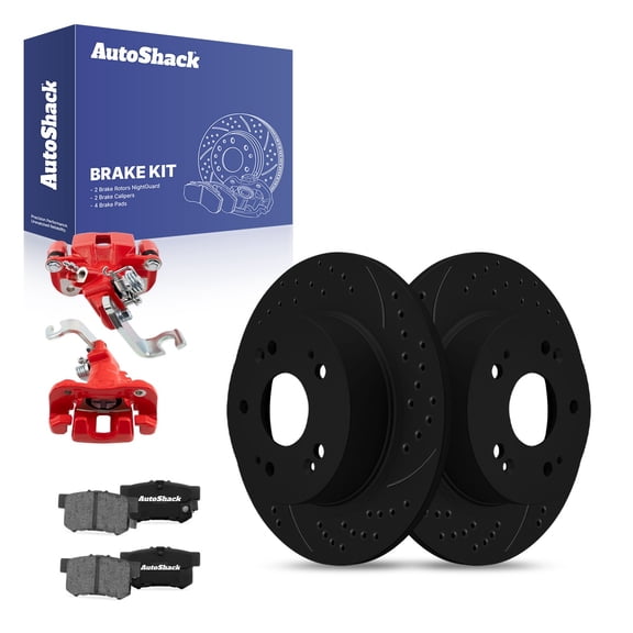 AutoShack Rear Solid Drilled & Slotted E-Coated Brake Rotors Black Finish   Ceramic Pads   Calipers Red 8-PC Brake Kit Replacement for 2015 Honda Civic 2016-2018 Acura ILX NightGuard 11.1" (282 mm)