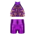 thumbnail image 3 of TSSOE Kids Girls 2-Piece Dance Outfits Sparkly Halter Sequins Crop Top with Metallic Shorts Set Activewear Purple 8, 3 of 7