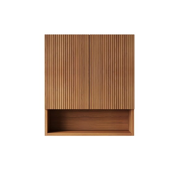 Bathroom Storage Cabinet TOBI 26" Wall-Mounted Striped Bathroom Cabinet, with Doors, Shelf and Open Storage Compartment Over The Toilet Storage Cabinet for Bathroom, Kitchen, Laundry Room, Brown Oak