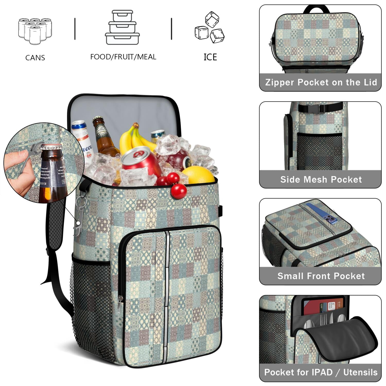 Travel Cooler Bag - Boho Bohemia Flower Camping Beer Cooler Backpack with Bottle Opener- Waterproof Insulated Picnic Backpacks - Cooler Bag for Beach