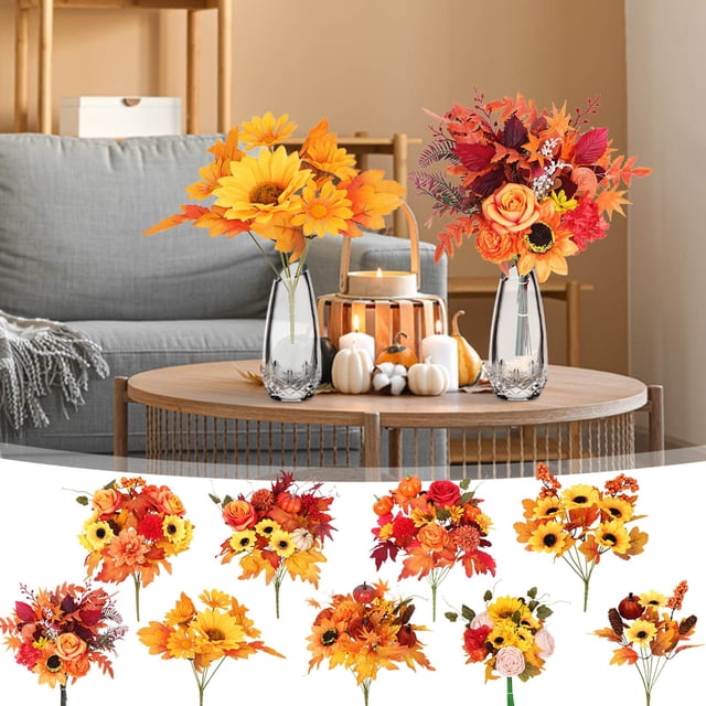 Ramo simulado de girasol - Arreglo floral de seda con hojas de arce, decoración realista de 43 cm para el salón, centro de mesa del festival