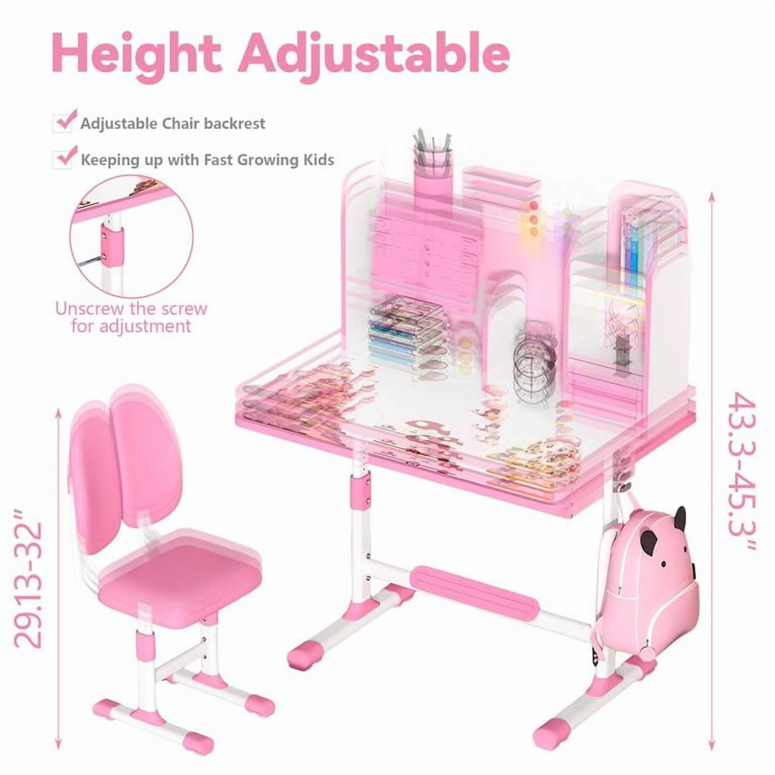 YNCE Kids Desk and Chair Set School Desk| Height Adjustable Study Table with Book Stand & Foot Pedal, Ergonomic Children's Desks with Sitting Corrector for School Homework (Pink #1)