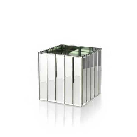 Serene Spaces Living Large Gatsby Mirror Strip Cube Vase - Art Deco Inspired Glass Vase with Mirror Finish Measures 5.75 Cube