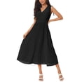 thumbnail image 4 of Unique Bargains Robe Midi Plissée Sans Manches Décontractée Taille Haute Col en V Noir TG, 4 of 5