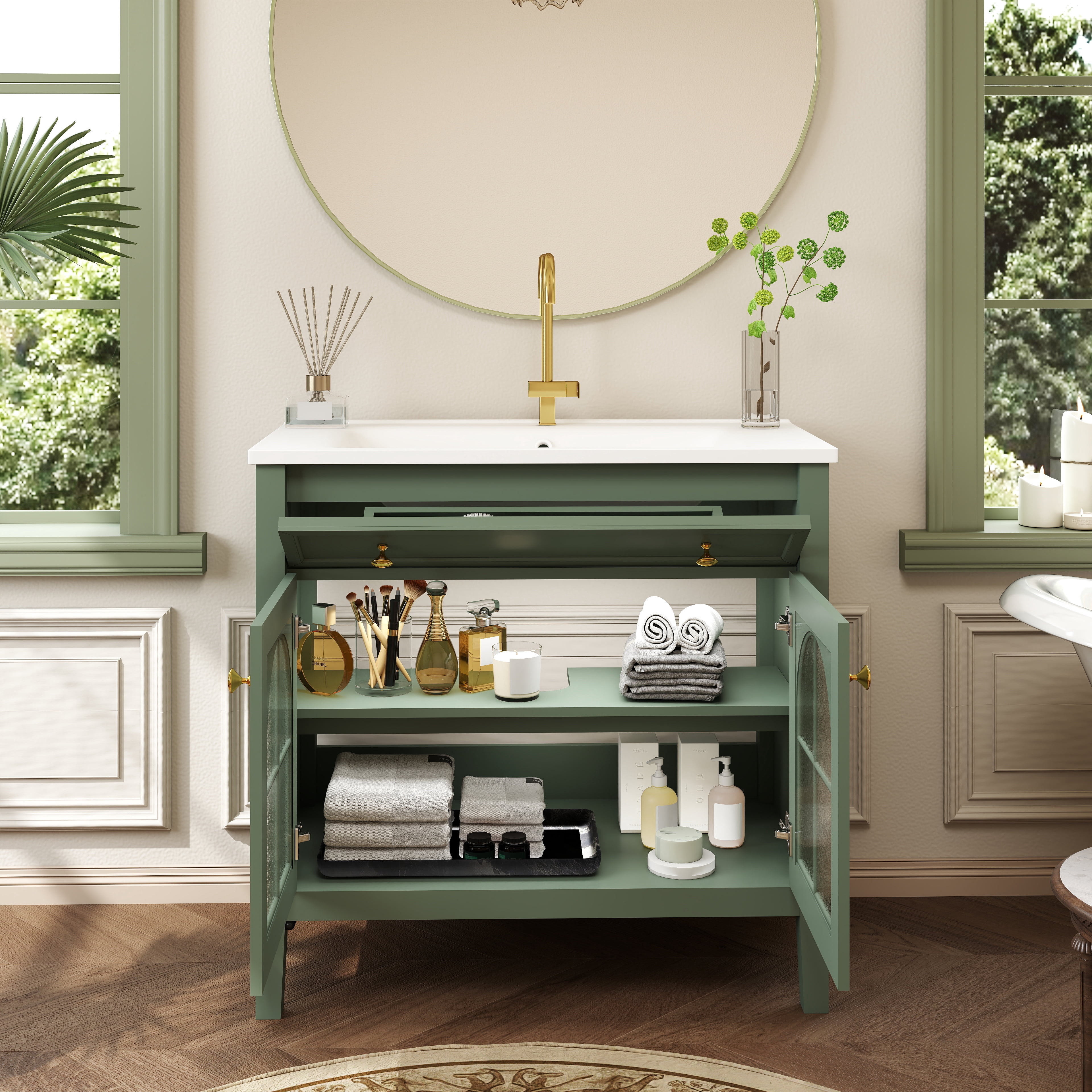 LiviNest Motion-Sensor Bathroom Vanity: 0-Second Auto-Light Medieval Vanity - Ample Storage for Apartment Bathrooms & Guest Powder Rooms - Green Freestanding Vanity with Patterned Glass