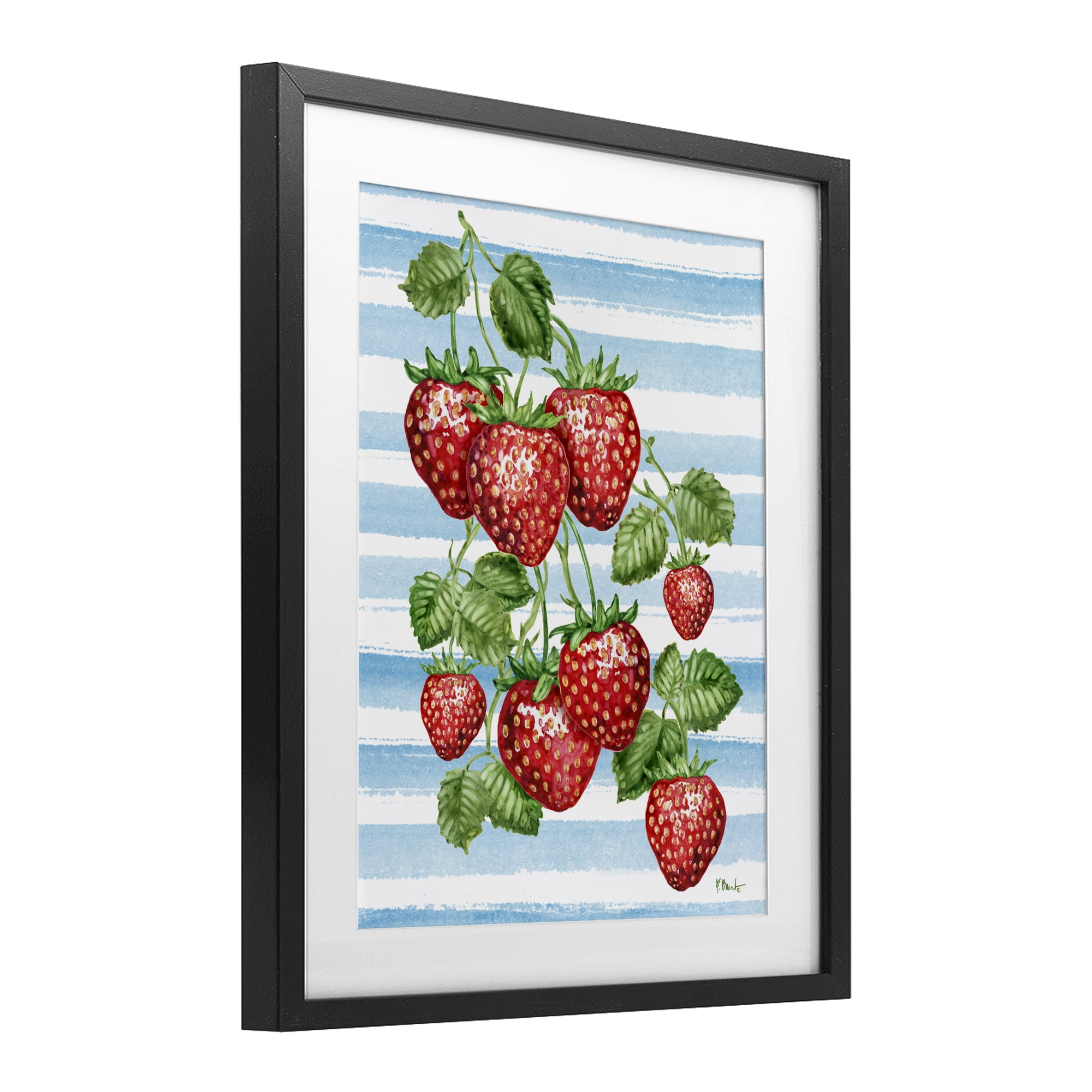 Stupell Industries Juicy Strawberry Vine on Stripes Black Framed Print Under Glass, design by Paul Brent