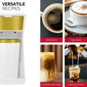Holstein Housewares Personal Single Serve Coffee Maker Includes 14Oz. Stainless Steel Interior Thermal Travel Mug, White and Gold