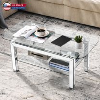 Hassch Modern 2-Tier Tempered Glass Coffee Table with Mirrored Stainless Steel Legs, Rounded Corners, and Open Shelf, 40" Living Room Center Table for Home Office, Small Apartment, Silver
