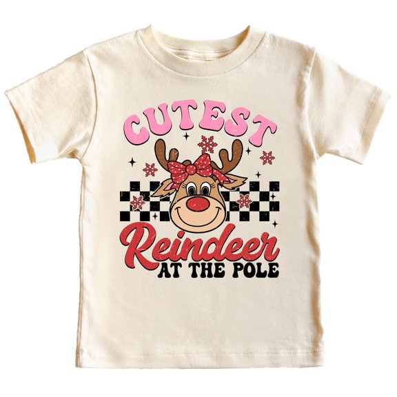 Cutest Reindeer at the Pole Shirt for Girls Cute Girly Christmas Holiday T-Shirt Natural Shirt Youth Large