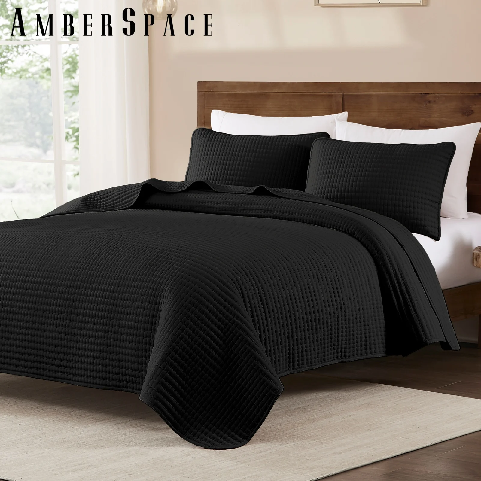 Amberspace Lightweight 3-Piece Bed in a Bag Quilt Set with Pillow Shams,Black,Queen