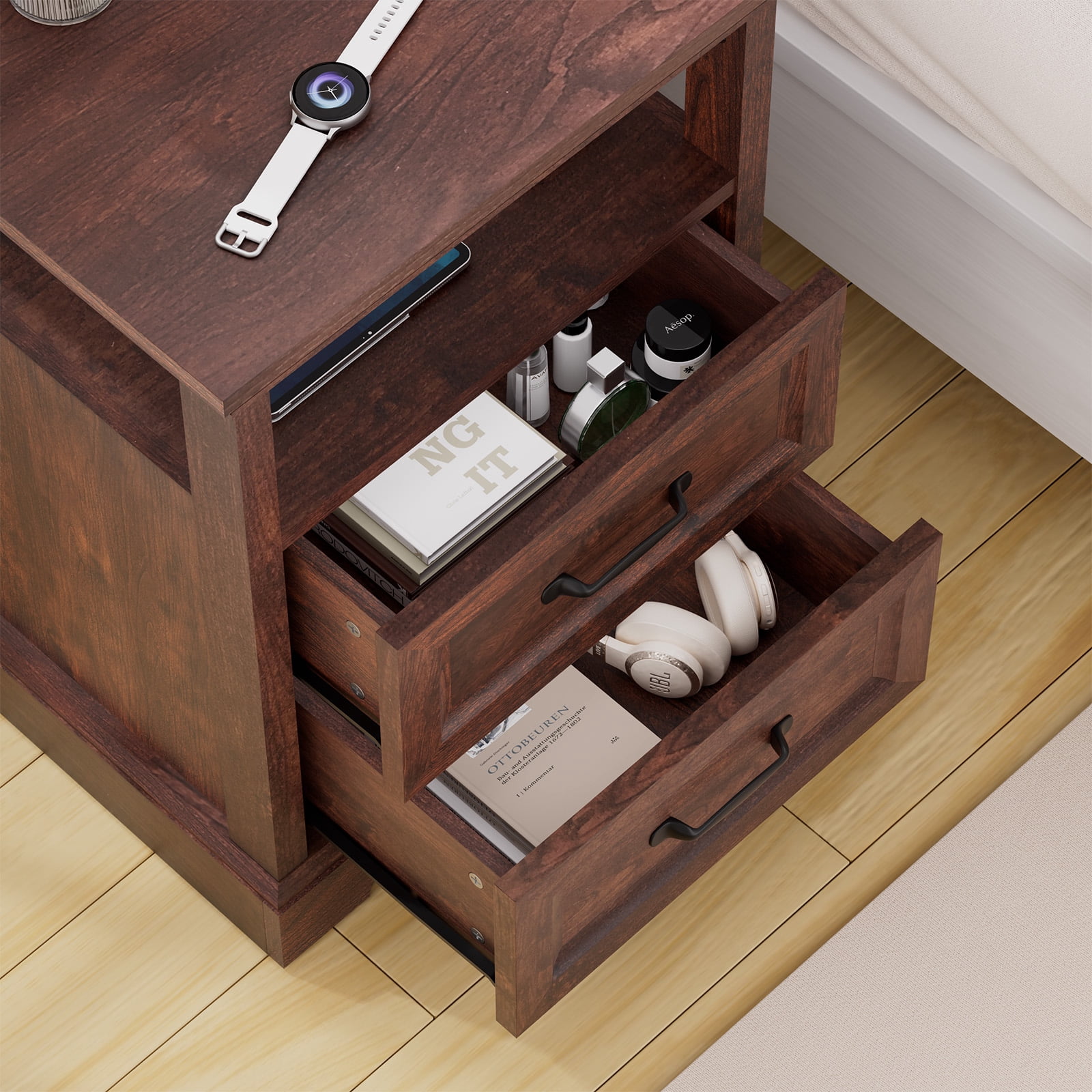 Hommpa Farmhouse End Tables for Living Room, Nightstand with Charging Station, Rustic Sofa Side Table with 2 Drawers and Storage Shelf, Bedside Cabinet for Bedroom, Brown