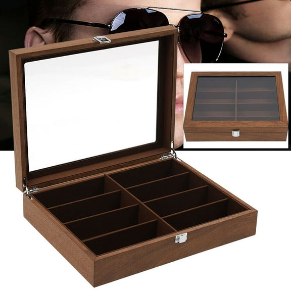 Miumaeov 8 Slots Sunglasses Display Case Wood Eye Glasses Storage Box Eyewear Organizer with Lock