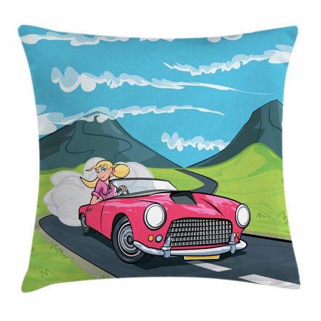 Cars Throw Pillow Cushion Cover, Blonde Girl Driving a Sports Car Through the Country in Cartoon Style Travel Road Trip, Decorative Square Accent Pillow Case, 18 X 18 Inches, Multicolor, by