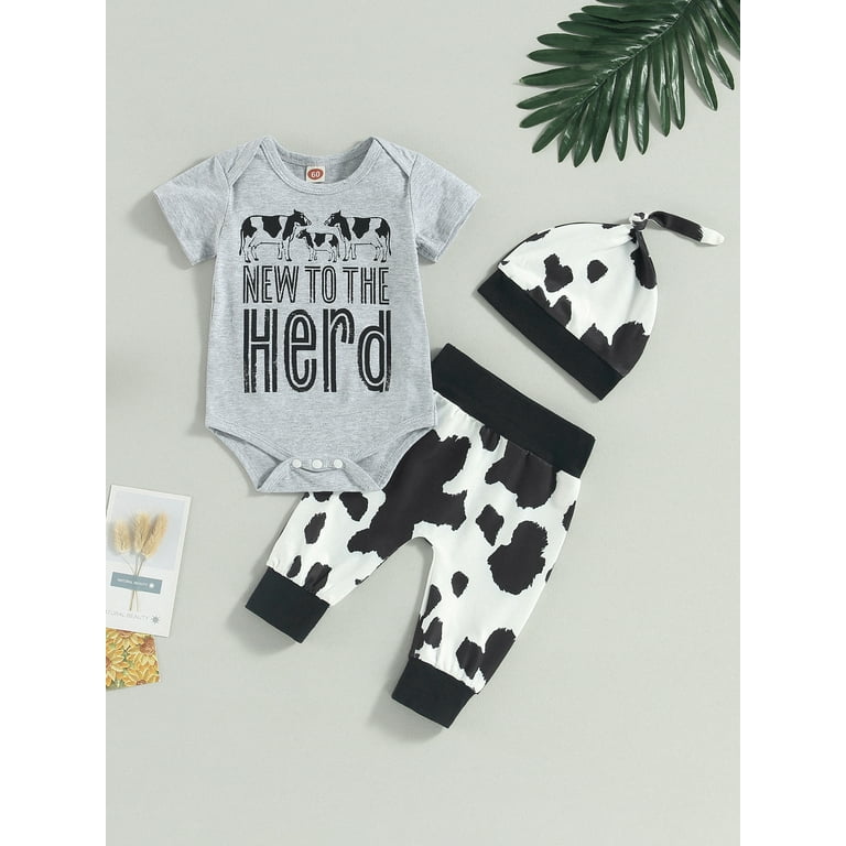 Baby 3Pcs Summer Outfits Short Sleeve Romper Cow Print Pants Knot Hat Set Newborn Clothes