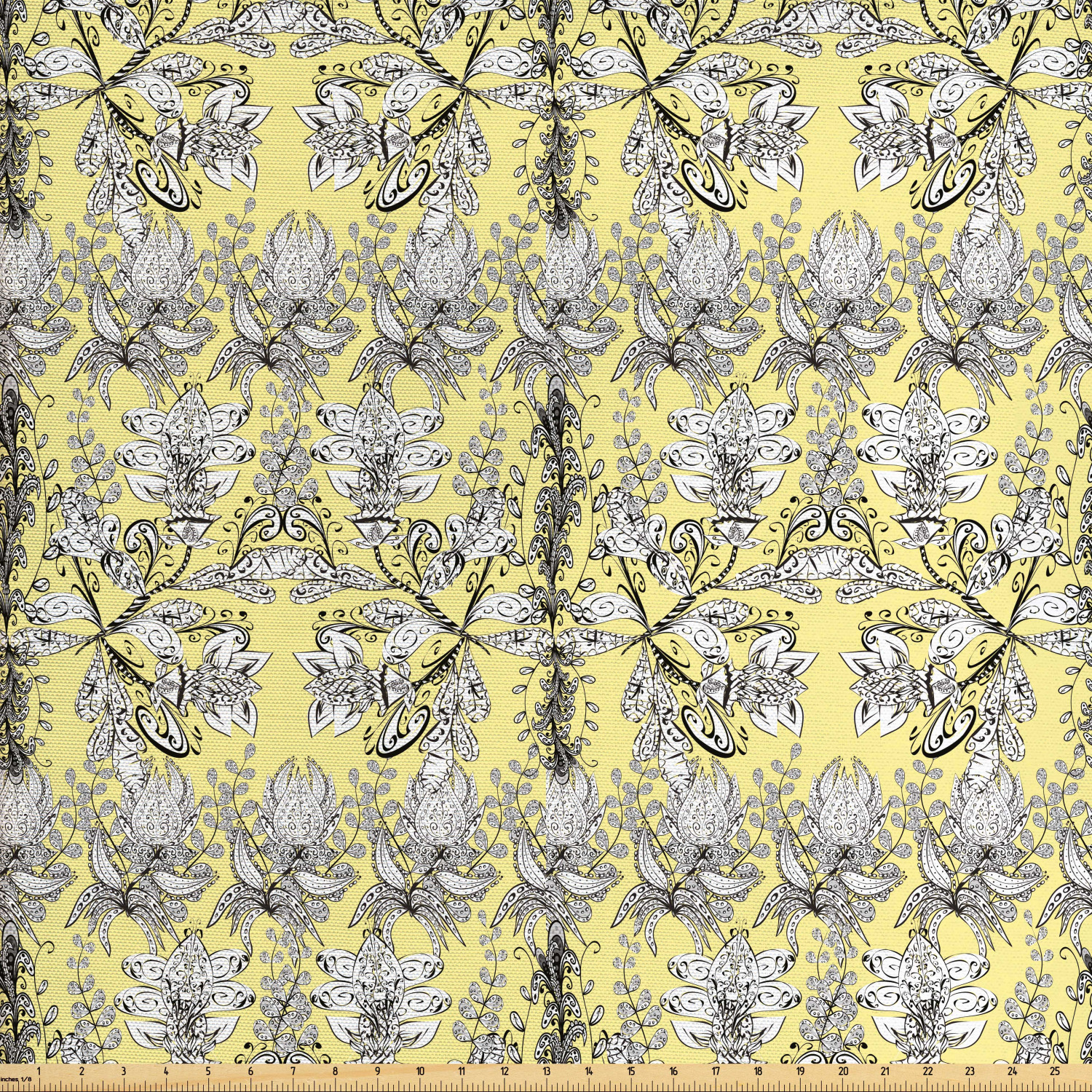 Grey and Yellow Fabric by The Yard, Bohem Design with Flowers Leaves