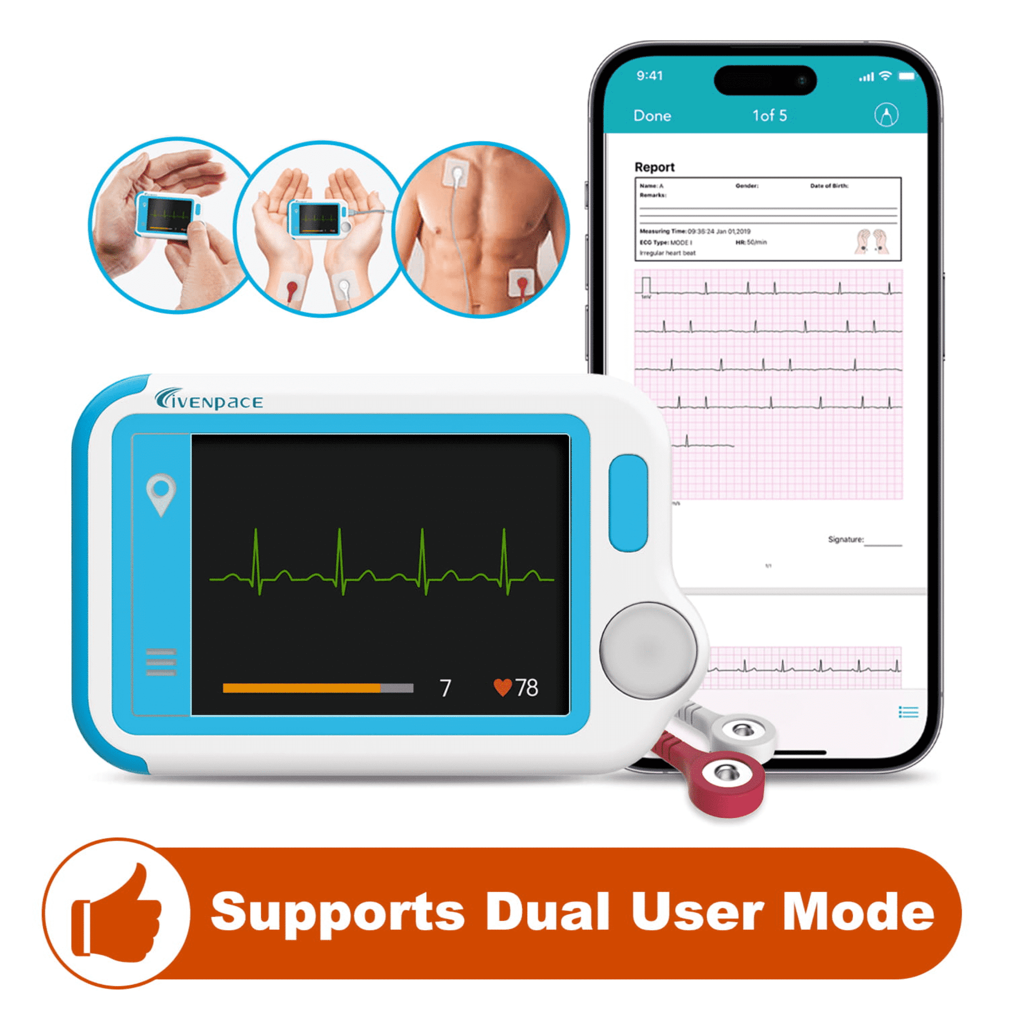 Livenpace Portable ECG/EKG Monitor with Touchscreen, Heart Rhythm Recorder, Dual User Mode, App