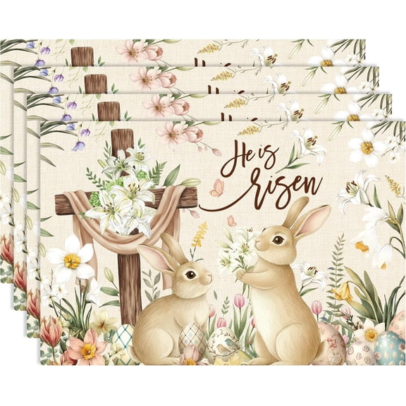Placemats Set of 4, He is Risen Religious Table Mats, Bunny and Cross Spring Placemats, Polyester Kitchen Table Mats for Easter Decorations 18 x 12 Inch