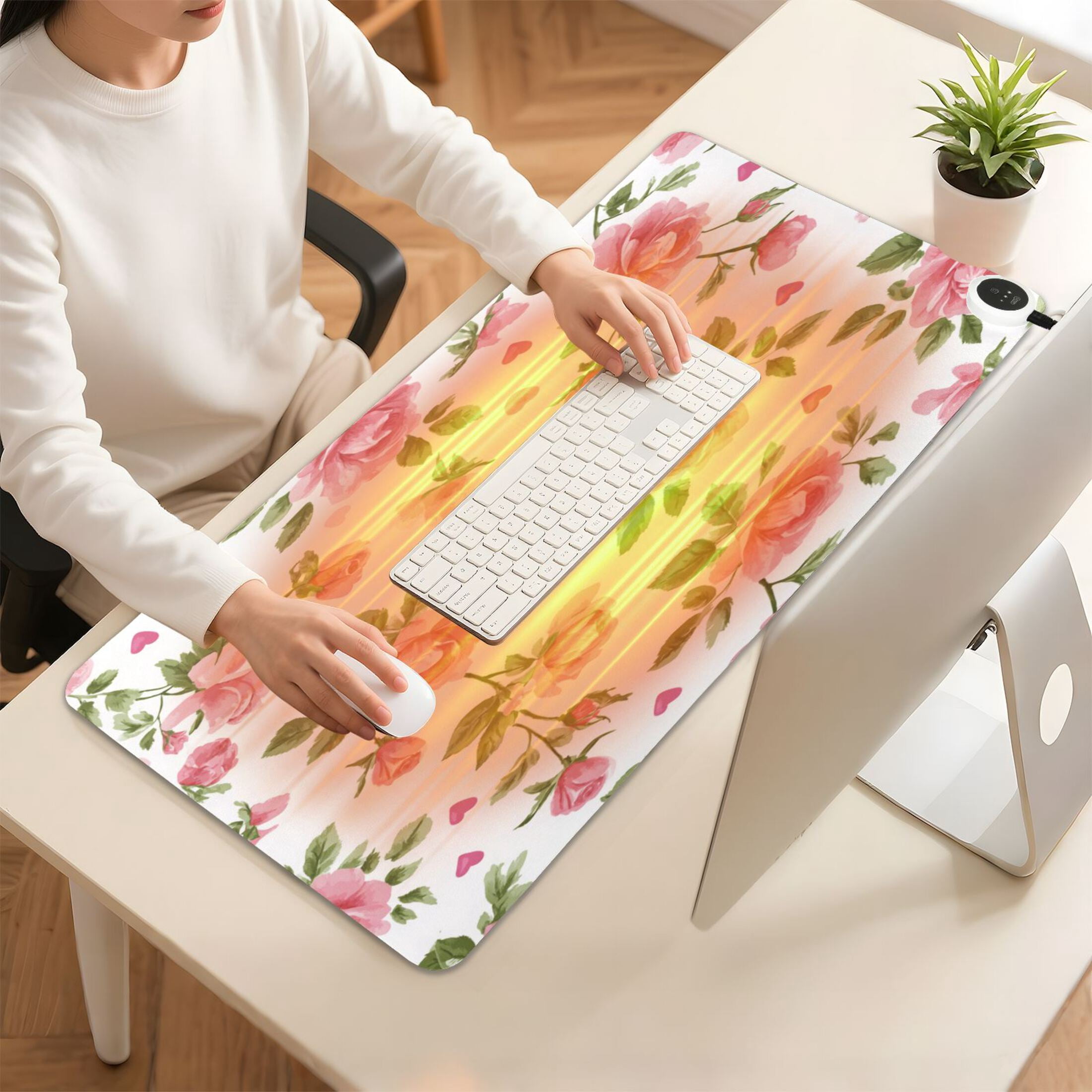 Large Heated Desk Mat Mouse Pad 31.5"x13"PU Leather Graphene Heating Desk Warmer with 3 Temperature Settings 110V US Plug Non-Slip Warm Pad for Home, Office, and Gaming Floral Rose Seamless Print