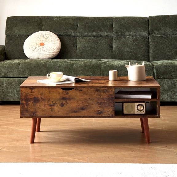 39.4“Rectangular Lift Top Coffee Table with Hidden Storage, Adjustable Shelf, Solid Wood Legs, Brown for Living Room