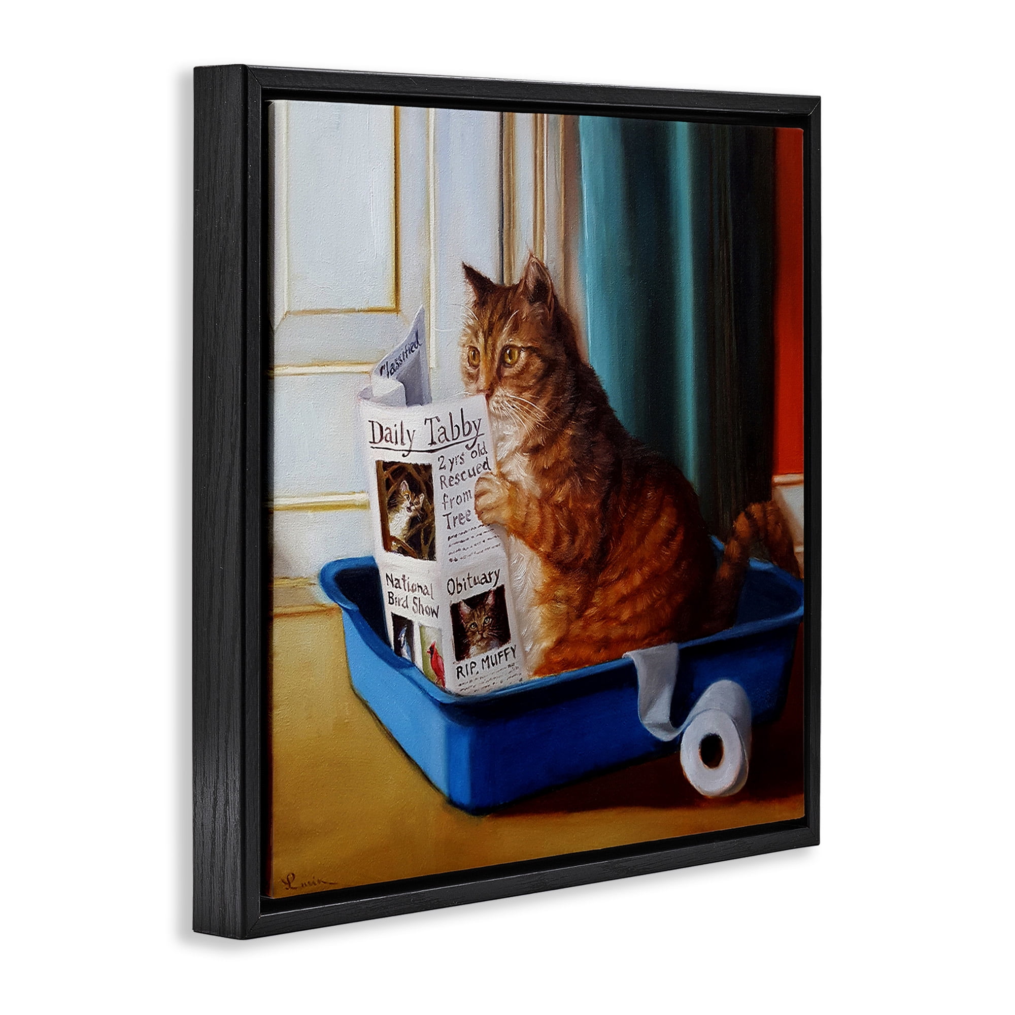 Stupell Industries Litter Box Reading Funny Cat Animals & Insects Painting Black Floater Framed Canvas Art Print Wall Art, 25 x 25