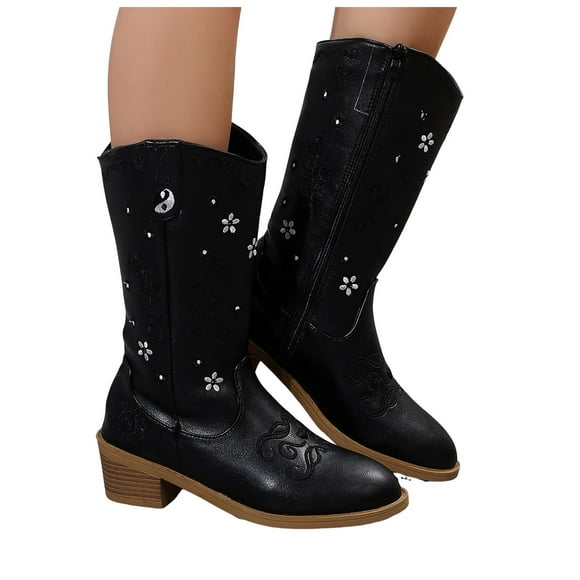 Womens Wide Mid Calf Cowgirl Boots Fashion Floral Embroidered Leather Chunky Mid Heel Cowboy Boots with Side Zipper