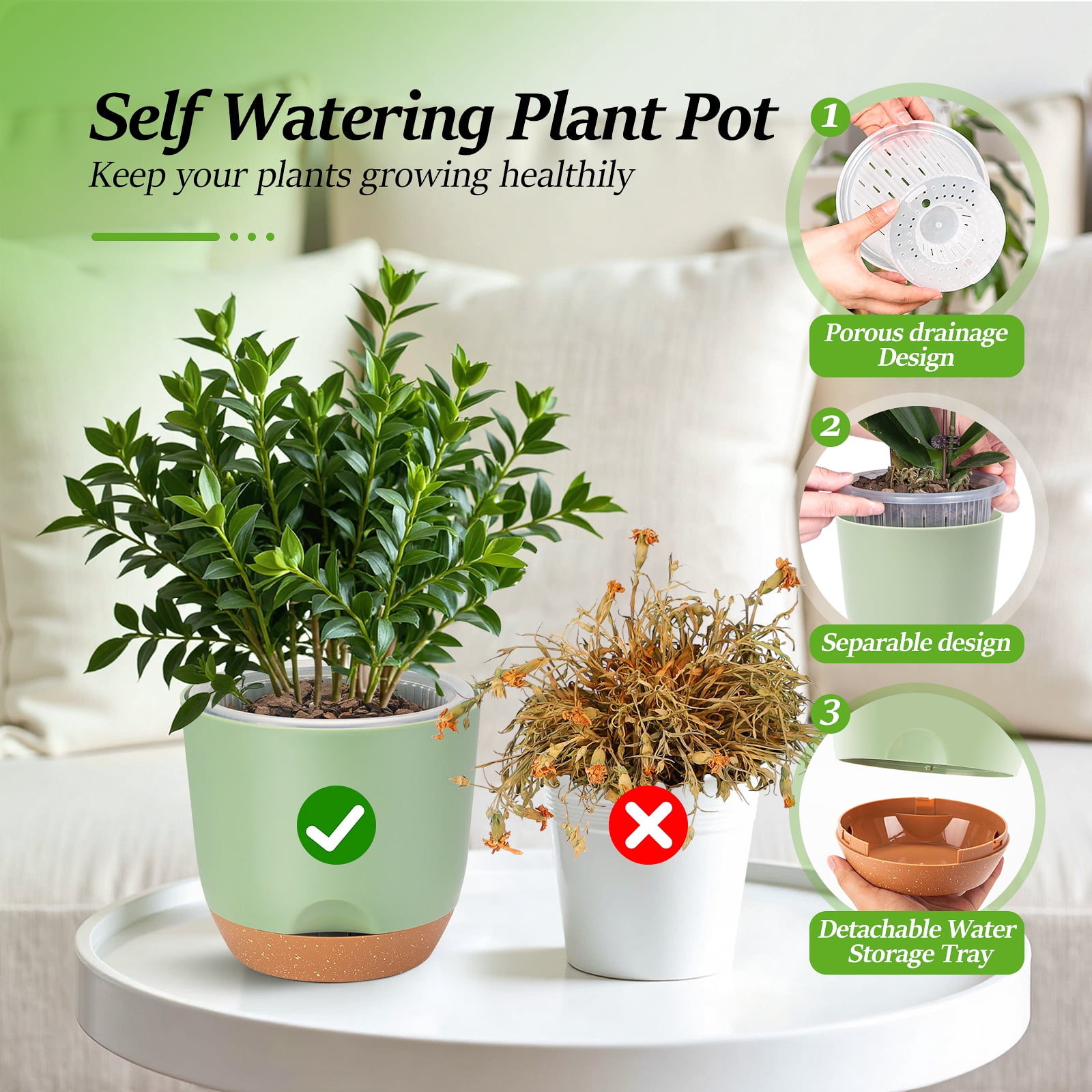 QCQHDU 7.2 Inch Self Watering Planters for Indoor Plants with Bottom Watering,2Pack Flower Plant Pots for Outdoor with Drainage, Durable Plastic planters Pots(Green)