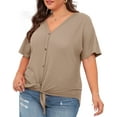 thumbnail image 5 of Cueply Womens Plus Size Tops Short Sleeve V Neck Waffle Knit Tunic Blouse Tie Front Button up T Shirts, 5 of 8
