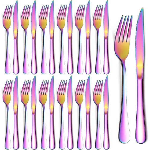 Evanda Rainbow Steak Knives Set 24 Piece, Rainbow Titanium Plating Stainless Steel 12 Dinner Forks and 12 Dinner Knives Set, Steak Knives Steak Forks, Dishwasher Safe
