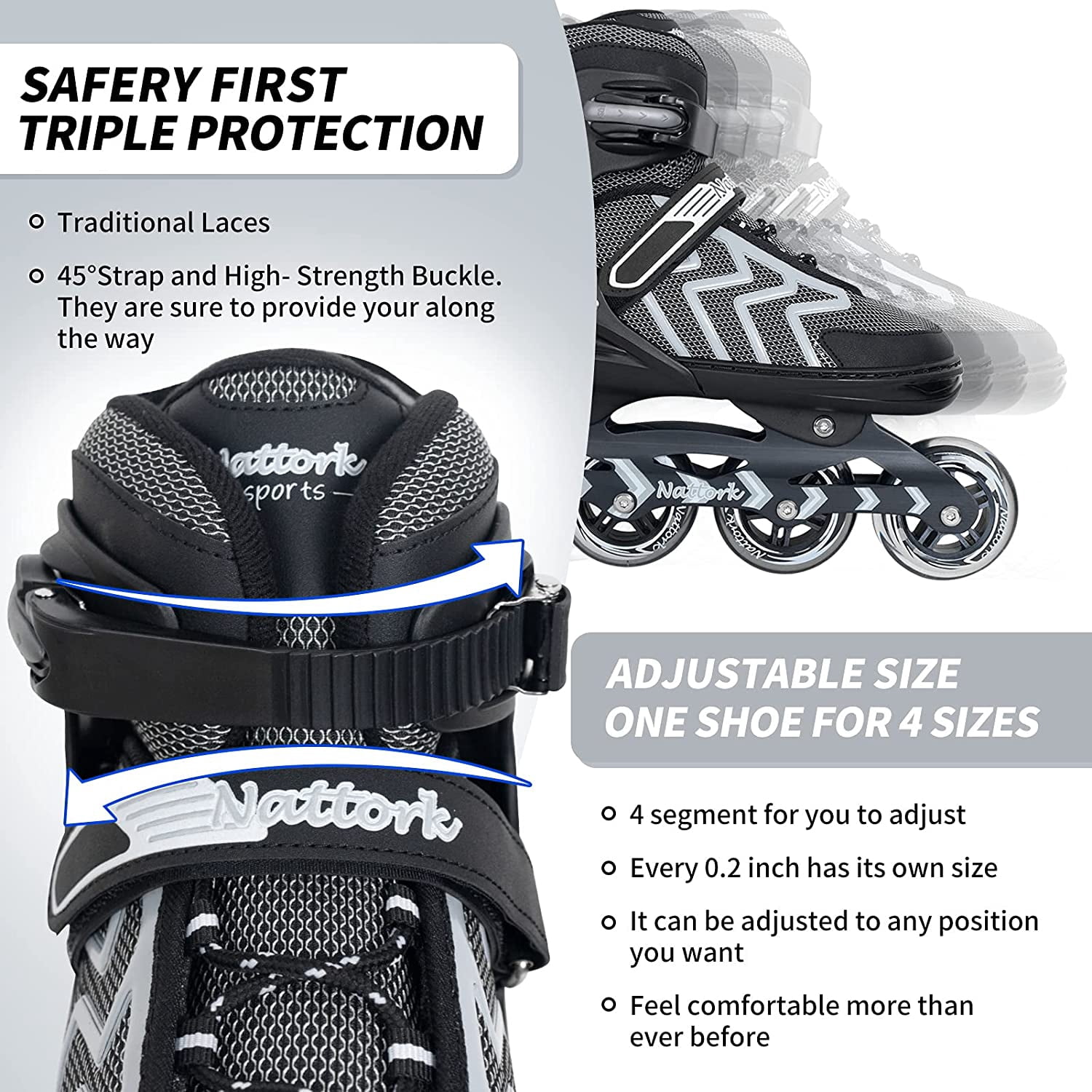 SubSun Inline Skates for Adults Men Women Adjustable Aggressive Durable Roller Blades with Giant Wheels Black S
