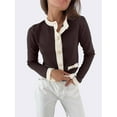 thumbnail image 6 of Women'S Contrast Trim Long Sleeve Button Front V Neck Cardigan Brown S, 6 of 7