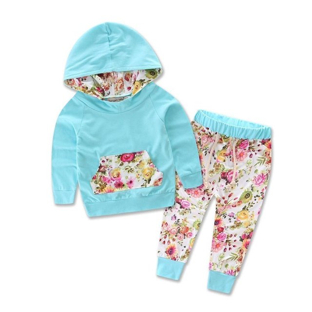 Floral Baby Girls Long Sleeve T-shirt+Pants Outfits 2PCS Hooded Clothes Set