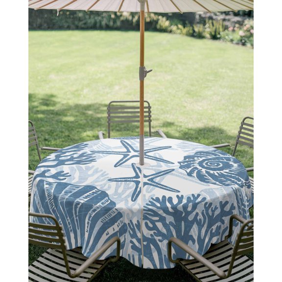 Outdoor Tablecloth with Umbrella Hole, Coastal Slate Blue Sea Shells Starfish Zippered Table Cloth for Square Tables, Marine Life Washable Waterproof Tablecloths for Picnic Patio Garden