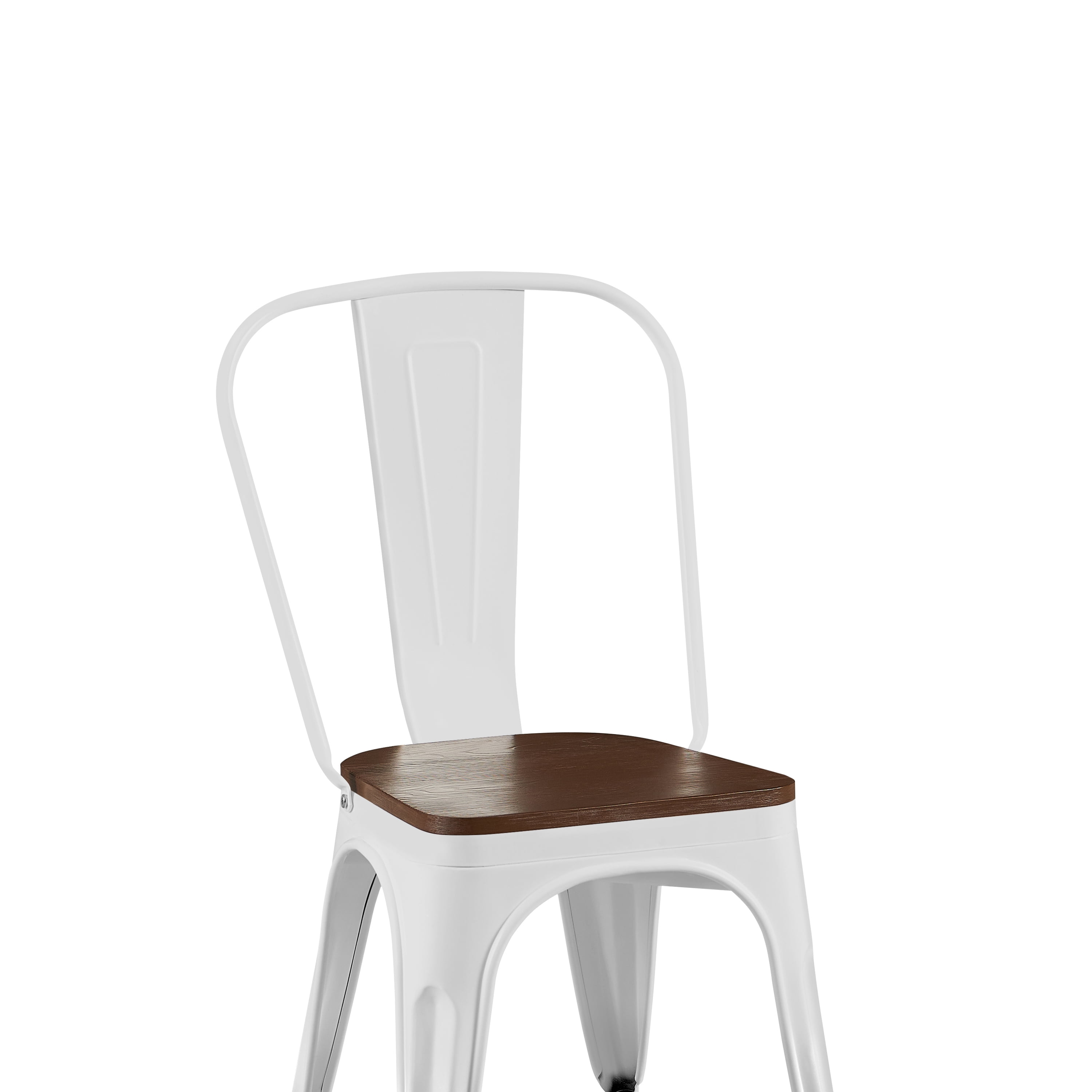 High Gloss White with Walnut Wooden Seat Industrial Metal Dining Chairs 18 Inch Seat Height Stackable, Set of 4