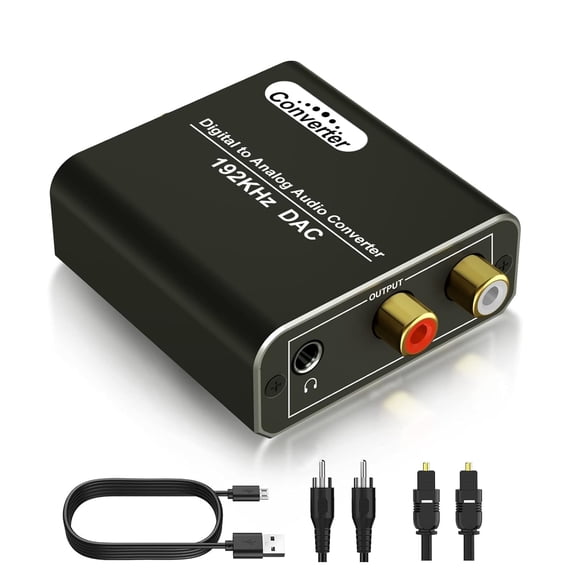 192kHz Digital-to-Analog Converter (DAC) with Toslink optical and SPDIF coaxial inputs, plus RCA left/right channel and 3.5mm audio outputs. Compatible with TVs, DVDs, Blu-ray players and audio syste