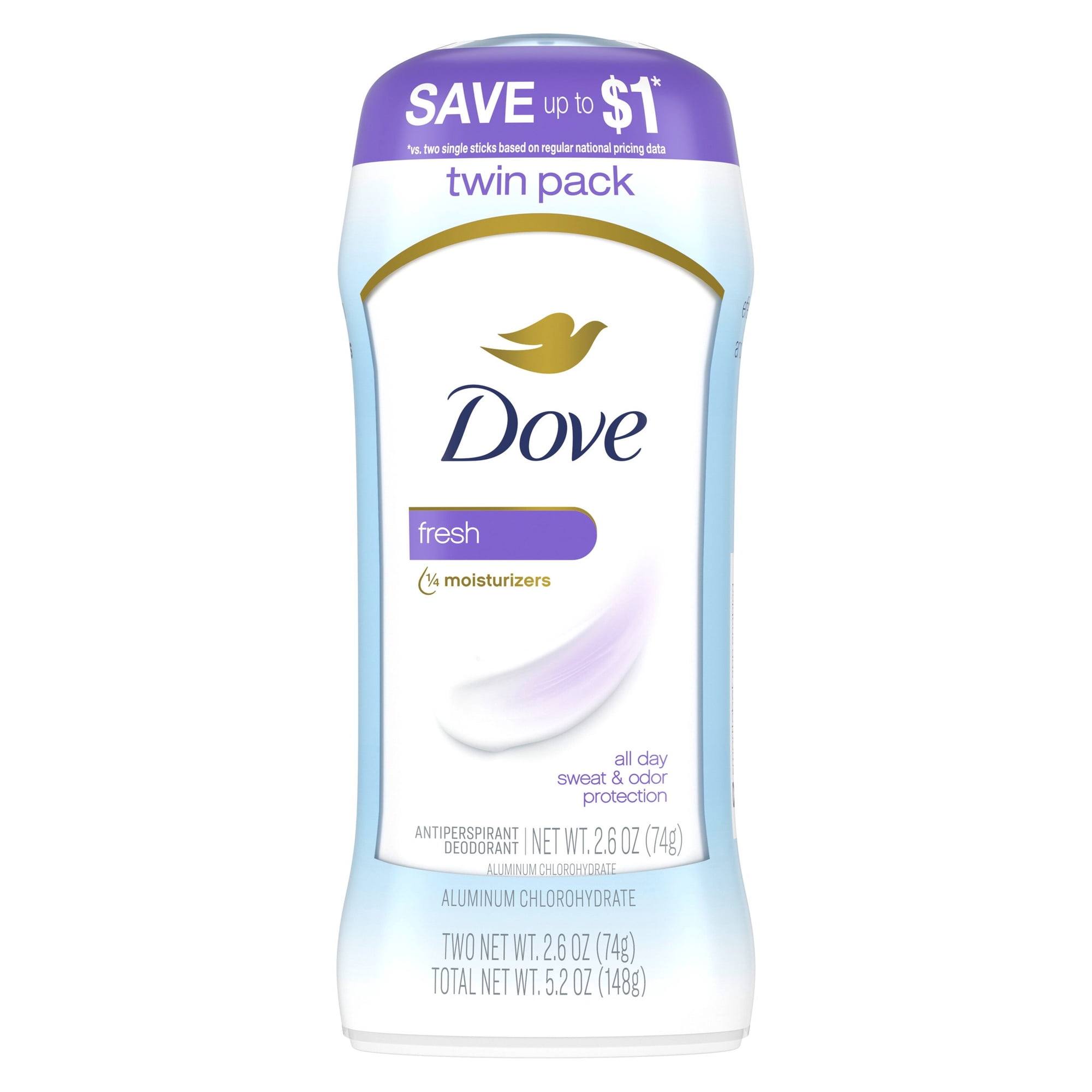 Dove Invisible Solid Antiperspirant Deodorant Stick For Women, Fresh, For All Day Underarm Sweat & Odor Protection ,2.6 oz, 2 Pack