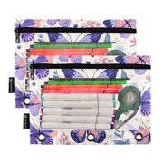2 Pack Pencil Pouch for 3 Ring Binder Zipper Pencil Case Butterflies Purple Clear Window Pencil Bag Organizers