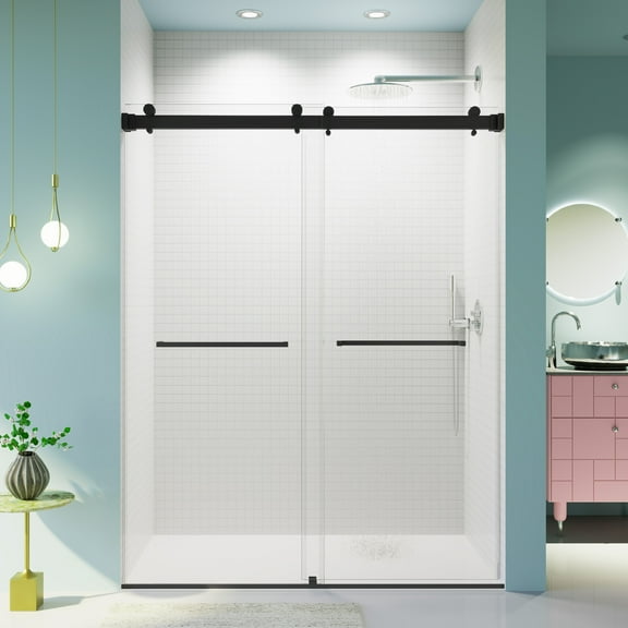 56-60" W x 76" H Frameless Double Sliding Shower Door, Water Repellent Black Shower Doors 3/8" (10mm) Clear Tempered Glass Matte Black Towel Bars