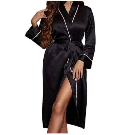 Gnurob Women s Satin Robe Valentines Lingerie for Women Kimono Bathrobe Belted Robes Bridesmaids Sleepwear Long Loungewear Pajamas Cozy Nightgowns Housecoat Clearance Saving Black Large